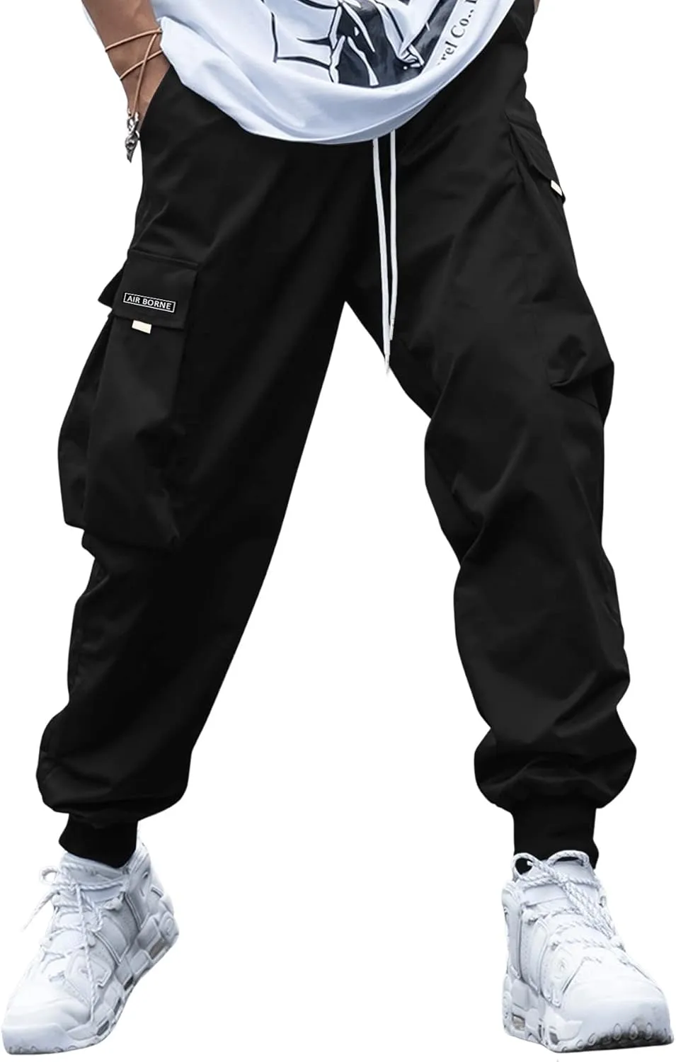 OYOANGLE Men's Casual Drawstring Elastic Waist Flap Pocket Letter Graphic Street Jogger Cargo Pants