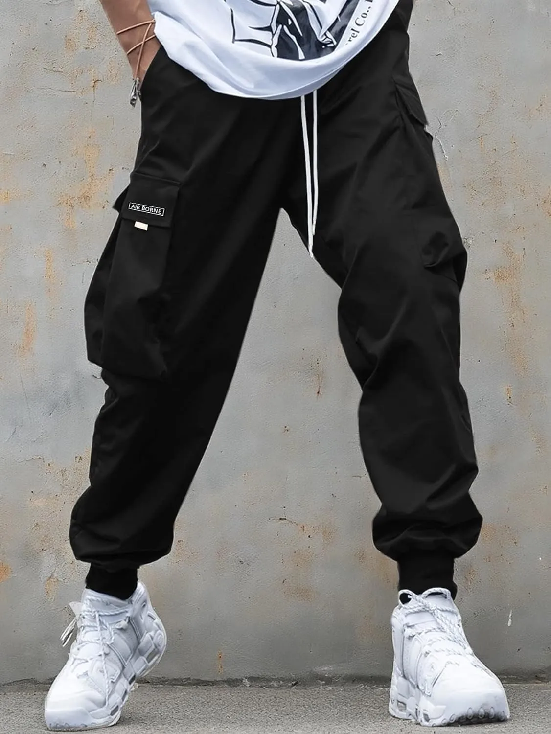 OYOANGLE Men's Casual Drawstring Elastic Waist Flap Pocket Letter Graphic Street Jogger Cargo Pants