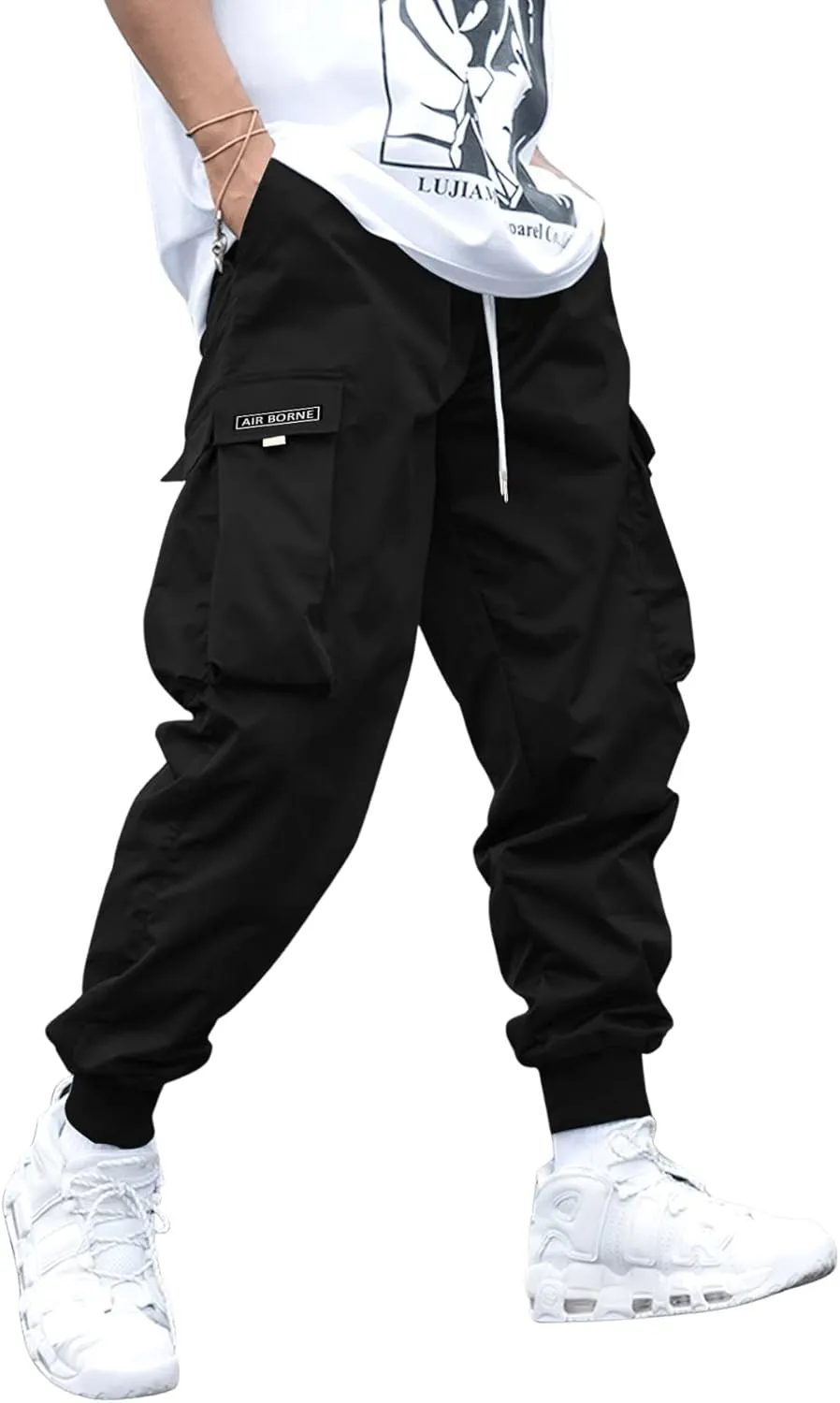 OYOANGLE Men's Casual Drawstring Elastic Waist Flap Pocket Letter Graphic Street Jogger Cargo Pants