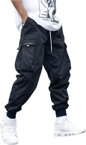 OYOANGLE Men's Casual Drawstring Elastic Waist Flap Pocket Letter Graphic Street Jogger Cargo Pants