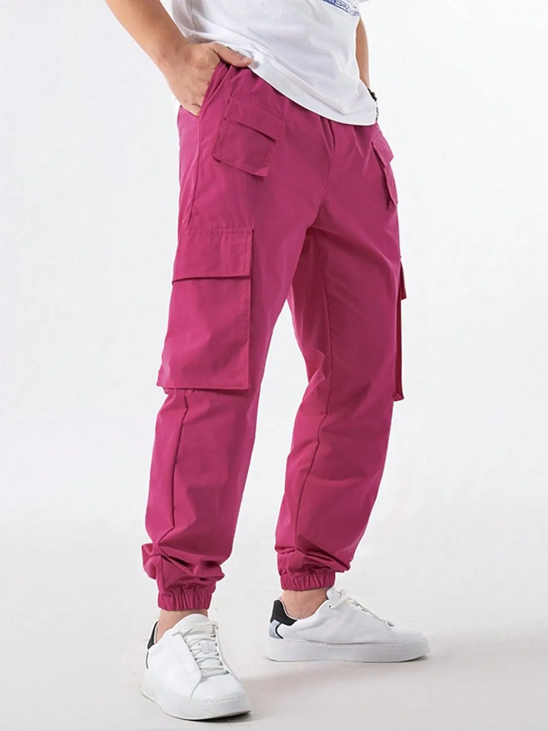 OYOANGLE Men's Drawstring Waist Flap Pocket Jogger Cargo Pants Streetwear Long Trousers with Pocket
