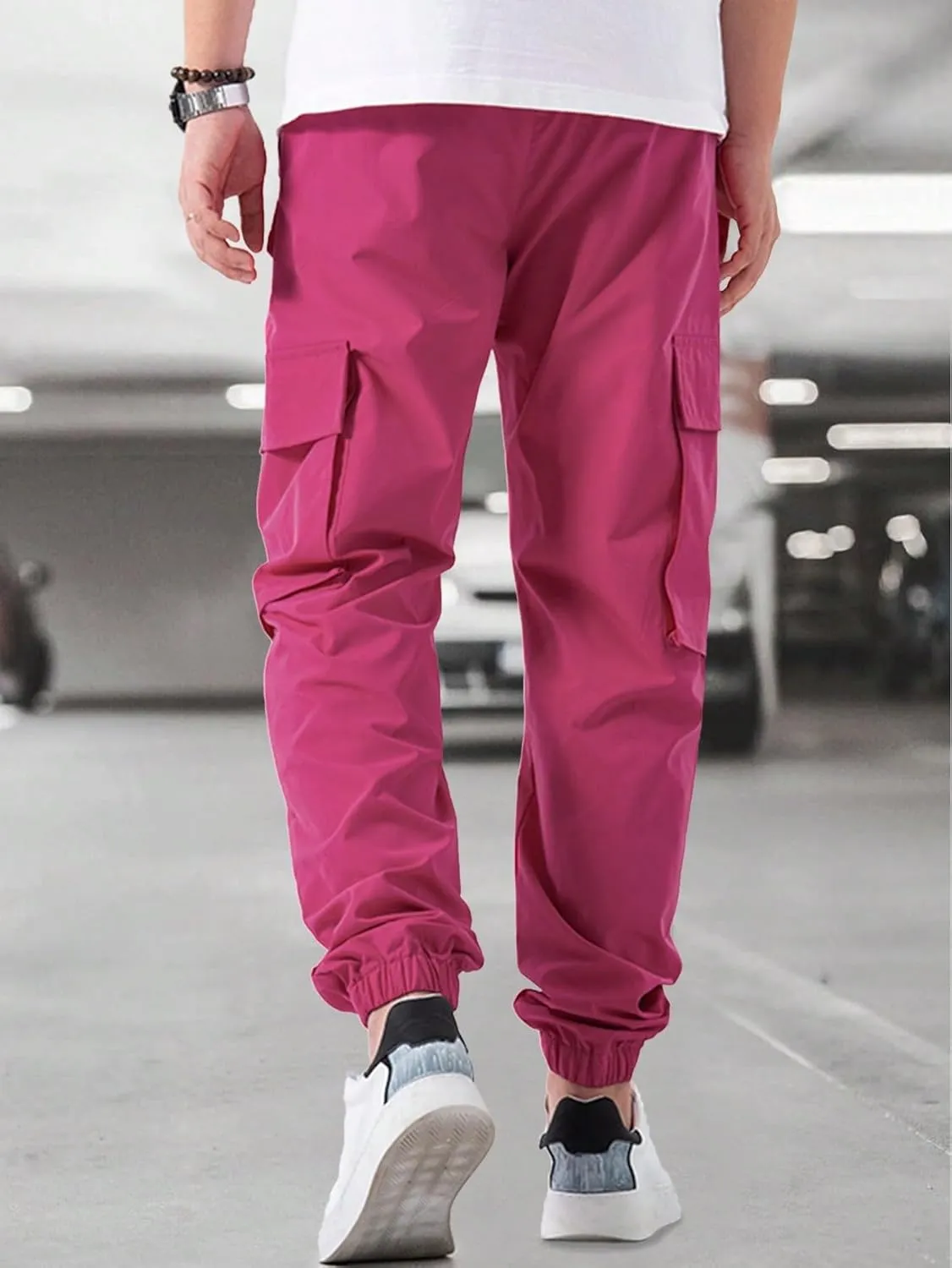 OYOANGLE Men's Drawstring Waist Flap Pocket Jogger Cargo Pants Streetwear Long Trousers with Pocket