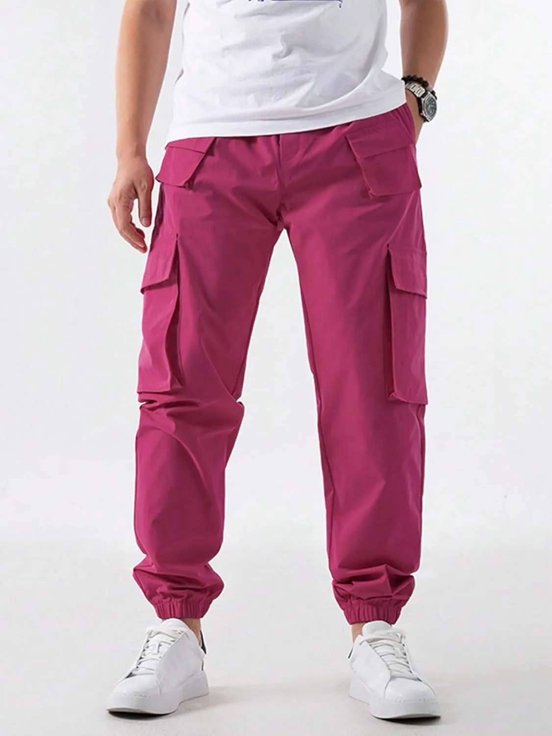 OYOANGLE Men's Drawstring Waist Flap Pocket Jogger Cargo Pants Streetwear Long Trousers with Pocket