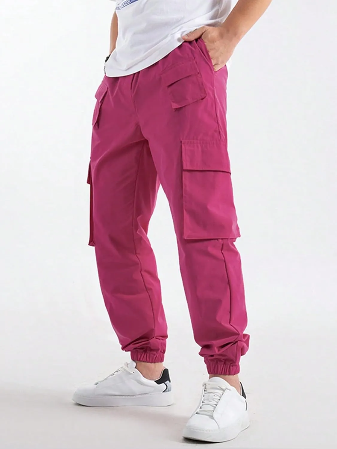 OYOANGLE Men's Drawstring Waist Flap Pocket Jogger Cargo Pants Streetwear Long Trousers with Pocket