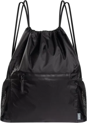 pack all Drawstring Bag Backpack, Water-Resistant Sports Gym Sack Bag, Lightweight Training String Bag with Waterproof Zipper Pocket and Water Bottle Holder(Black)