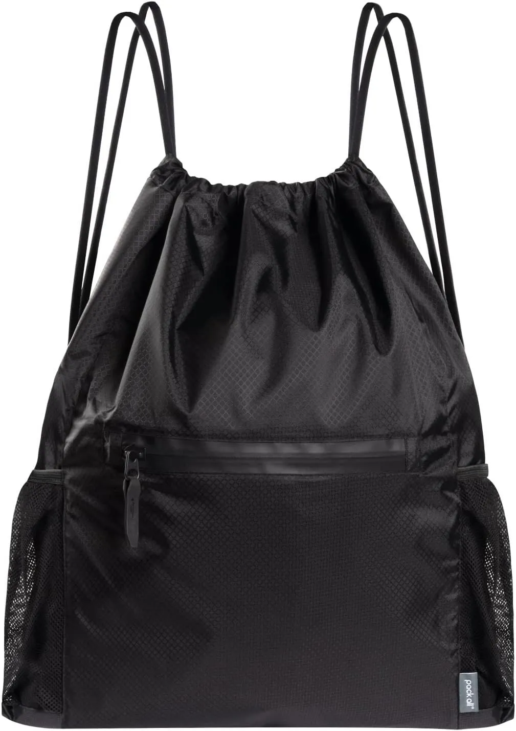 pack all Drawstring Bag Backpack, Water-Resistant Sports Gym Sack Bag, Lightweight Training String Bag with Waterproof Zipper Pocket and Water Bottle Holder(Black)