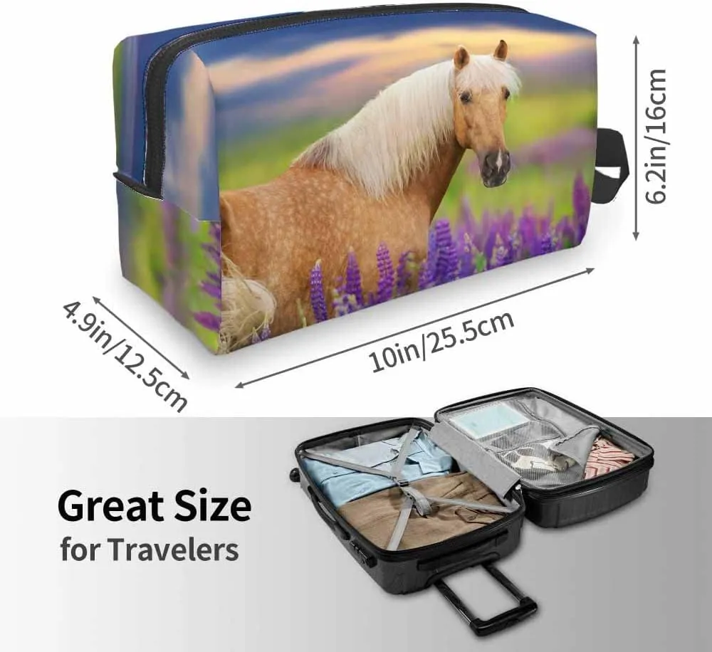 Palomino Horse with Long Mane Small Makeup Bag for Purse Lupine Flowers at Sunset Travel Cosmetic Bag Makeup Pouch Portable Versatile Zipper Pouch for Women