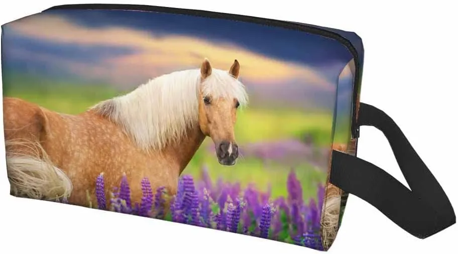 Palomino Horse with Long Mane Small Makeup Bag for Purse Lupine Flowers at Sunset Travel Cosmetic Bag Makeup Pouch Portable Versatile Zipper Pouch for Women