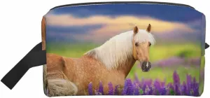Palomino Horse with Long Mane Small Makeup Bag for Purse Lupine Flowers at Sunset Travel Cosmetic Bag Makeup Pouch Portable Versatile Zipper Pouch for Women
