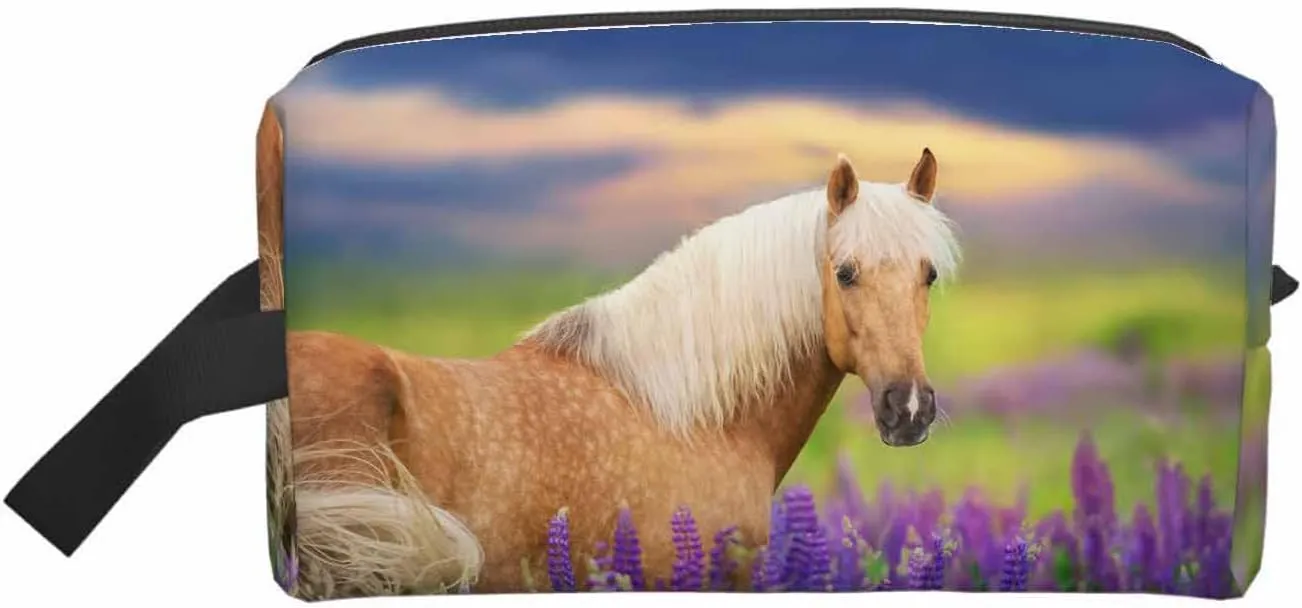 Palomino Horse with Long Mane Small Makeup Bag for Purse Lupine Flowers at Sunset Travel Cosmetic Bag Makeup Pouch Portable Versatile Zipper Pouch for Women