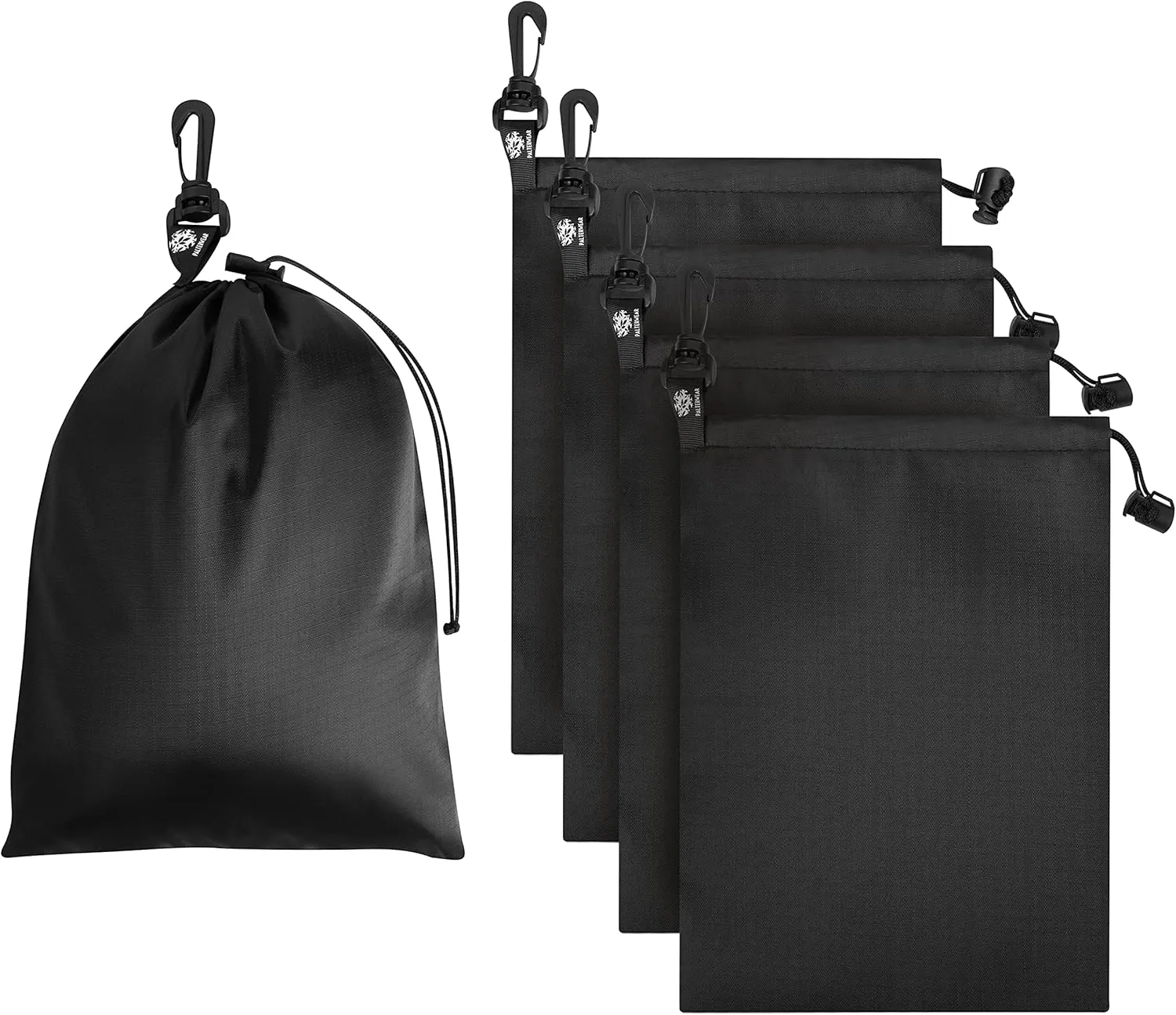 PALTERWEAR Drawstring Bag - Cinch and Ditty Pouch with Clip for Travel, Wardrobe, Outdoors - Set of 5 (Black, 8 x 11 inch)