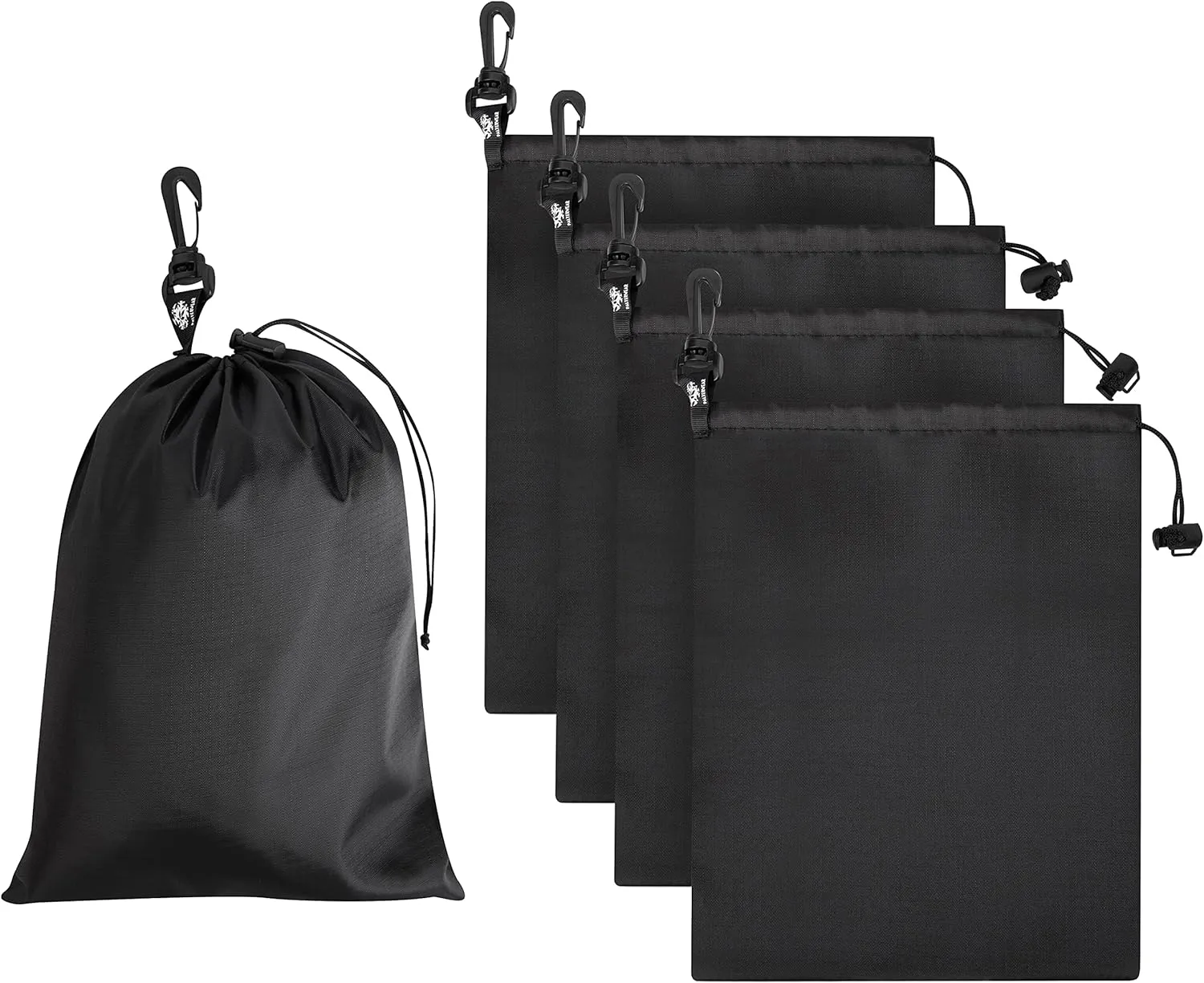 PALTERWEAR Drawstring Bag - Cinch and Ditty Pouch with Clip for Travel, Wardrobe, Outdoors - Set of 5 (Black, 9 x 12 inch)