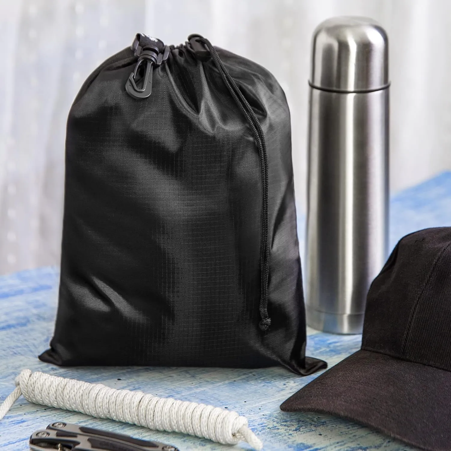 PALTERWEAR Drawstring Bag - Cinch and Ditty Pouch with Clip for Travel, Wardrobe, Outdoors - Set of 5 (Black, 9 x 12 inch)