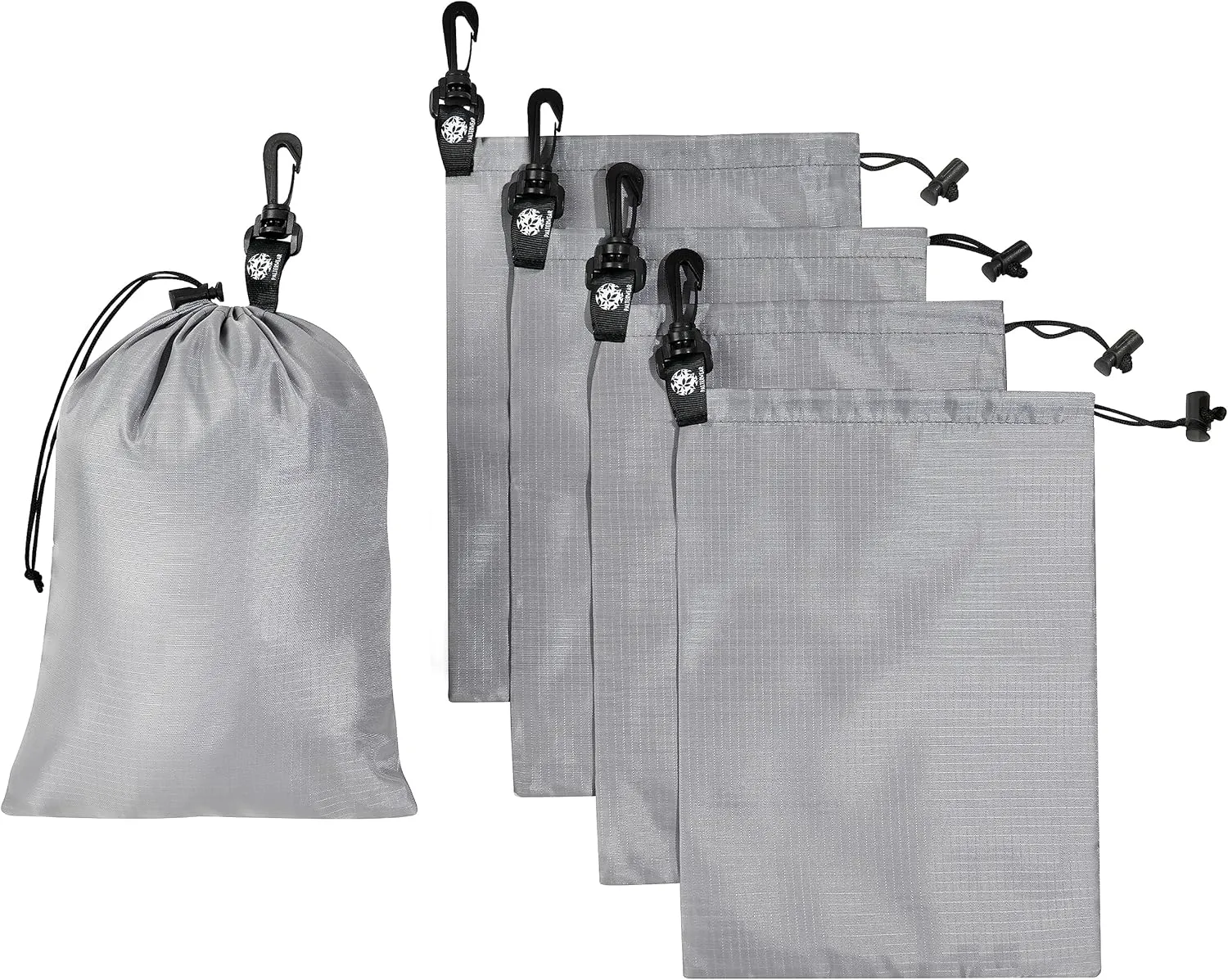 PALTERWEAR Drawstring Bag - Cinch and Ditty Pouch with Clip for Travel, Wardrobe, Outdoors - Set of 5 (Gray, 8 x 11 inch)