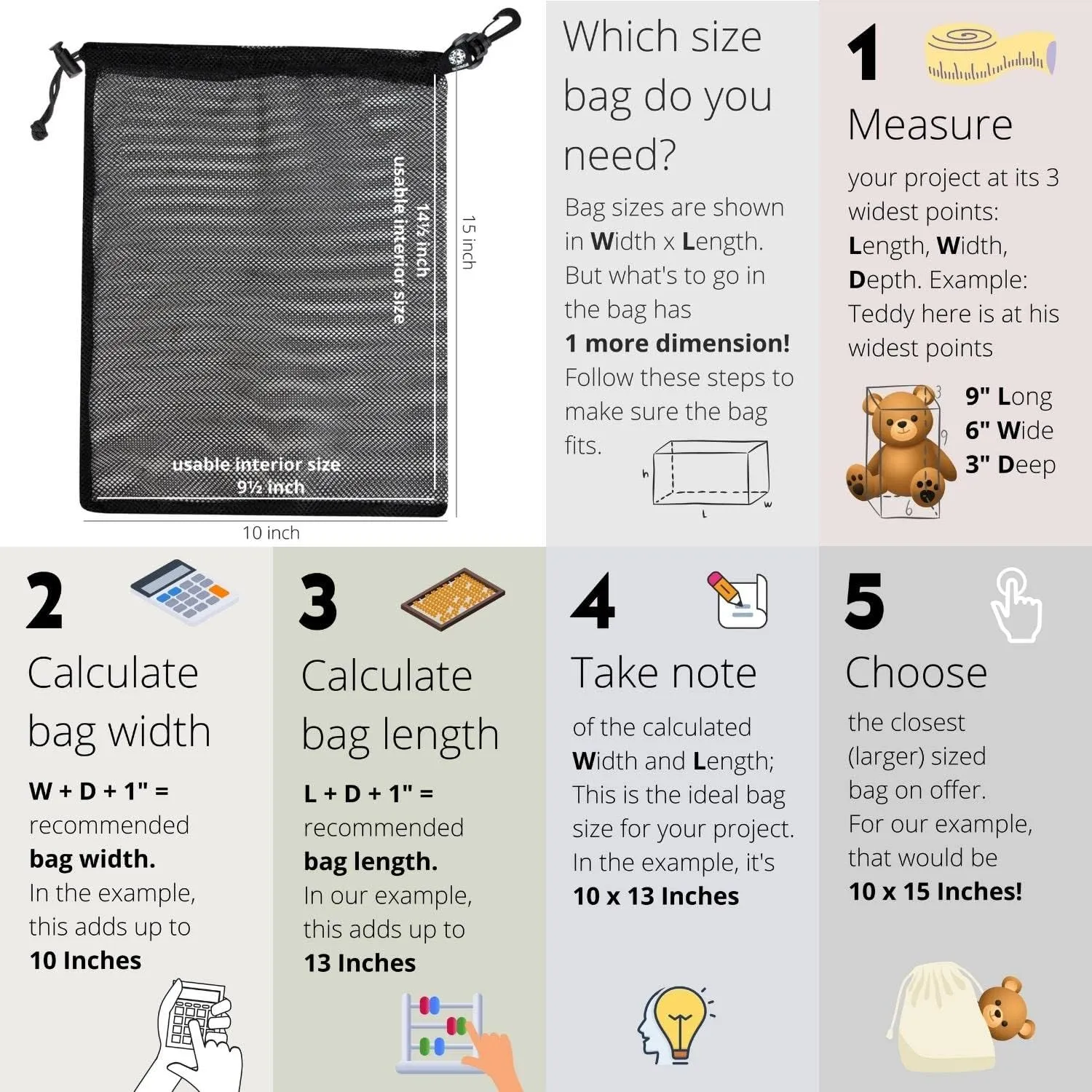 PALTERWEAR Mesh Drawstring Bag With Clip and Toggle Closure - For Water Sports, Hiking, Snorkeling - Multi-Use Set of 4 (Black, 10 x 15 inch)