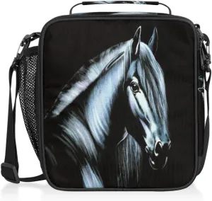 Pardick Black Horse Insulated Lunch Bag for Kids Boys Girls Women Men Animal Horse Lunch Box Tote with Shoulder Strap Durable Reusable Waterproof for School Work Picnic Thermal Cooler Bag