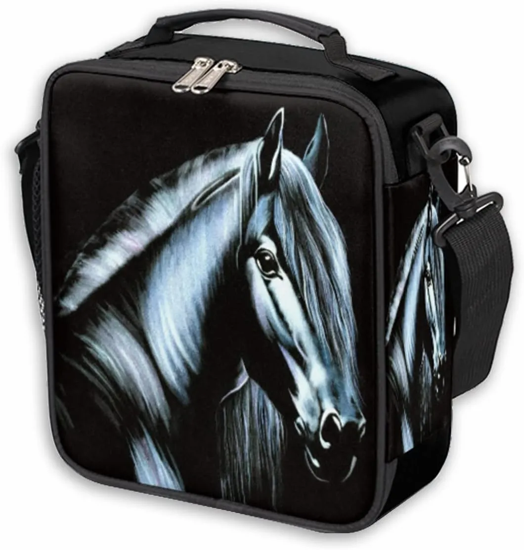 Pardick Black Horse Insulated Lunch Bag for Kids Boys Girls Women Men Animal Horse Lunch Box Tote with Shoulder Strap Durable Reusable Waterproof for School Work Picnic Thermal Cooler Bag