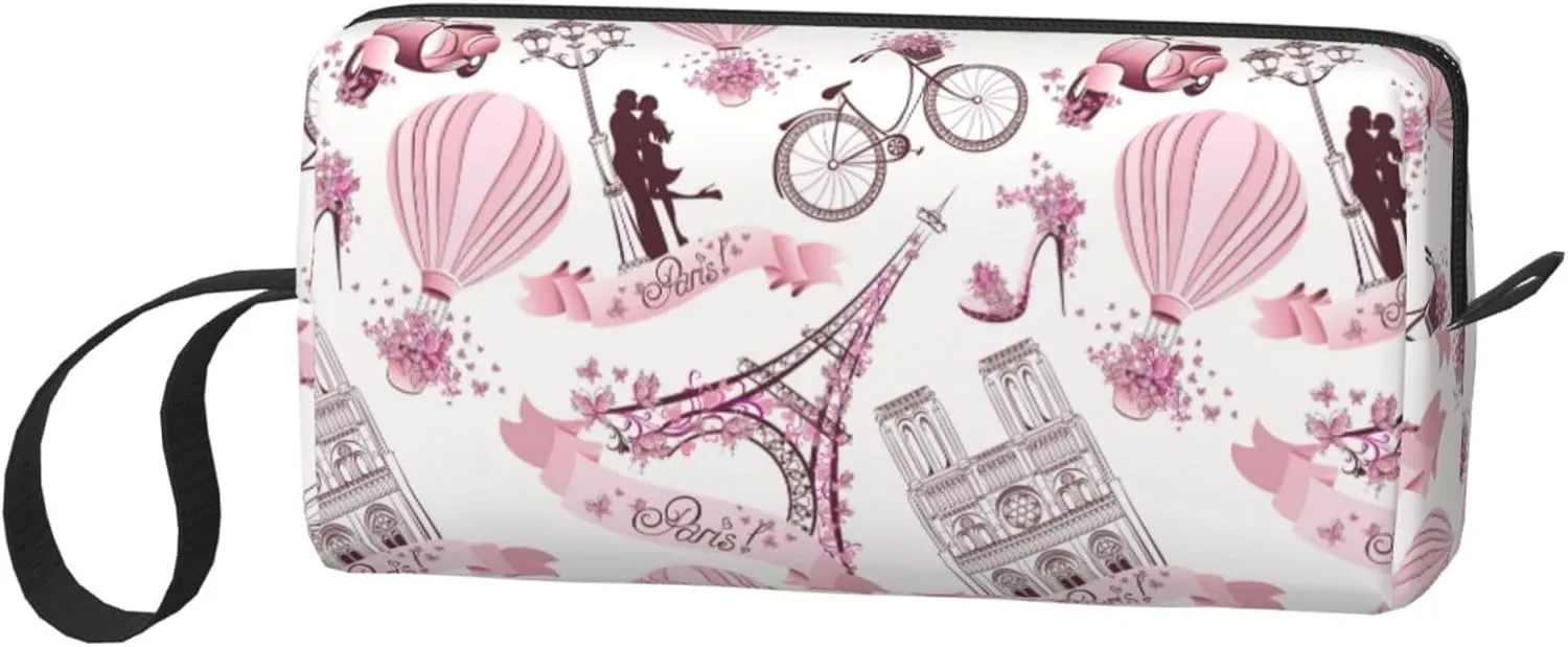 Paris Romantic Pink Makeup Bag Organizer Small Cosmetic Bags Portable Travel Toiletry Bag With Handle Simple Accessories Storage Zipper Pouch For Women Girl