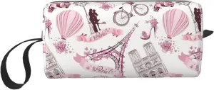 Paris Romantic Pink Makeup Bag Organizer Small Cosmetic Bags Portable Travel Toiletry Bag With Handle Simple Accessories Storage Zipper Pouch For Women Girl