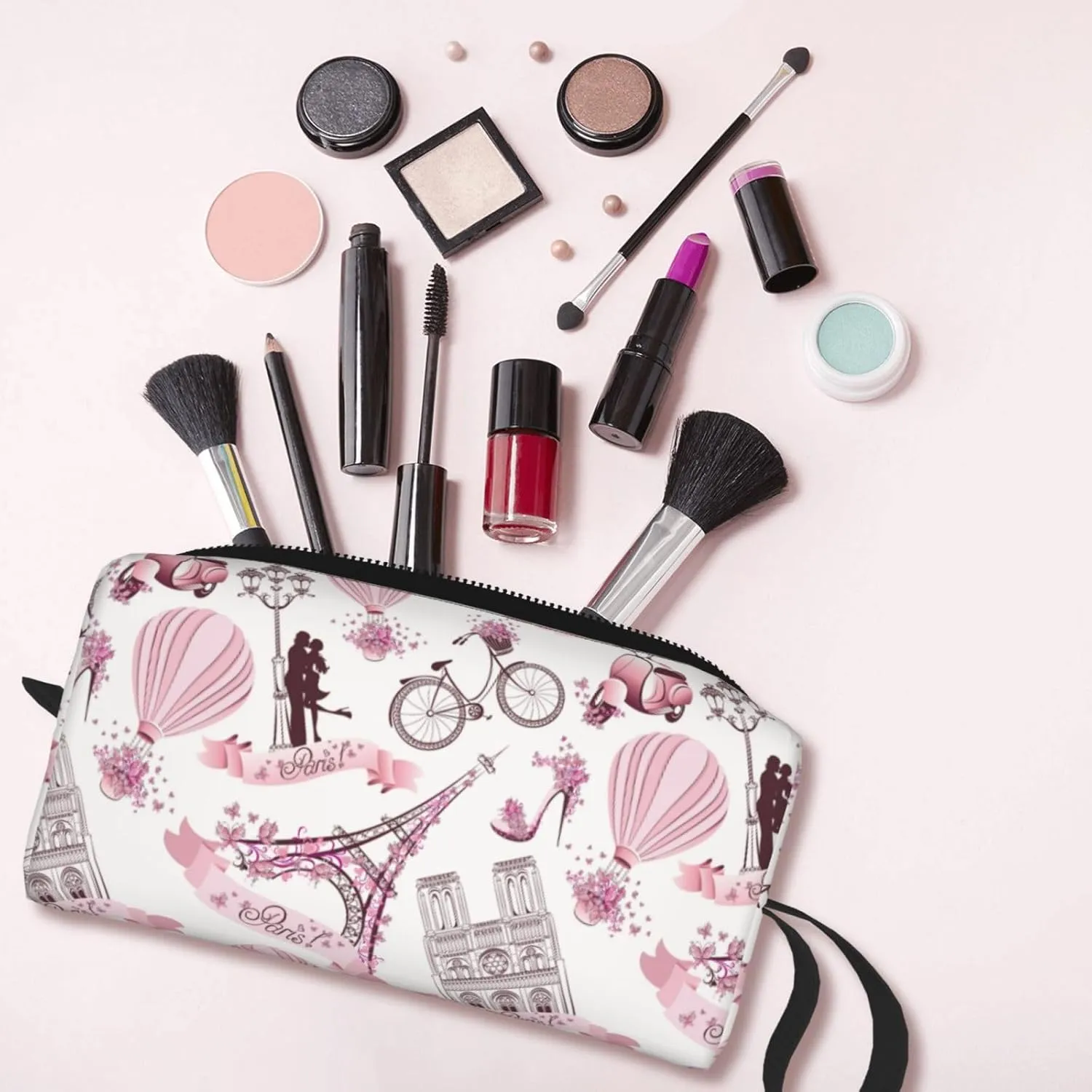 Paris Romantic Pink Makeup Bag Organizer Small Cosmetic Bags Portable Travel Toiletry Bag With Handle Simple Accessories Storage Zipper Pouch For Women Girl