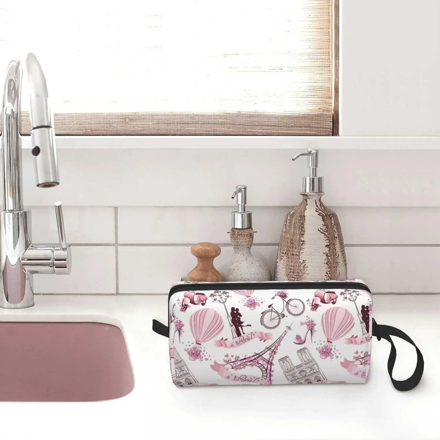 Paris Romantic Pink Makeup Bag Organizer Small Cosmetic Bags Portable Travel Toiletry Bag With Handle Simple Accessories Storage Zipper Pouch For Women Girl