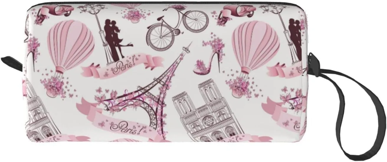 Paris Romantic Pink Makeup Bag Organizer Small Cosmetic Bags Portable Travel Toiletry Bag With Handle Simple Accessories Storage Zipper Pouch For Women Girl