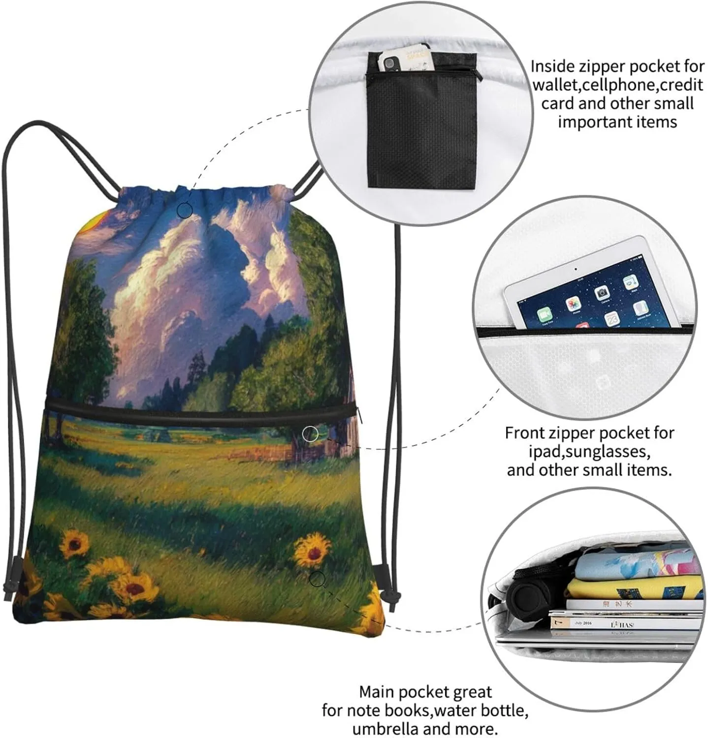 Pastoral Summer Setting Backpack Bag Draw String Sport Bag Beach Travel Sackpack with Zipper Pocket Lightweight, Black