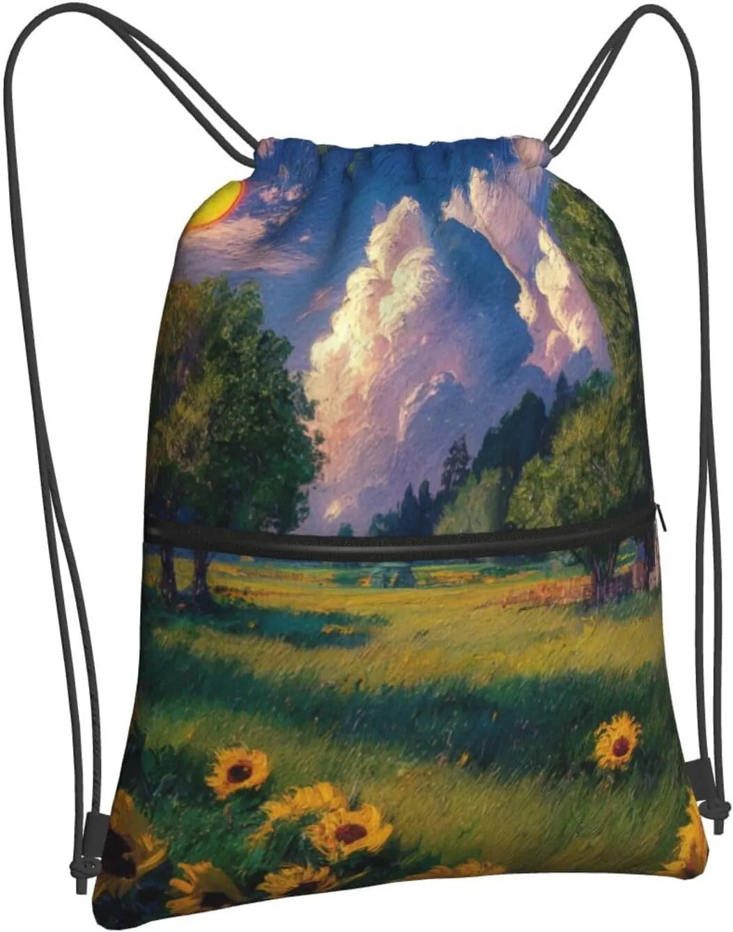 Pastoral Summer Setting Backpack Bag Draw String Sport Bag Beach Travel Sackpack with Zipper Pocket Lightweight, Black
