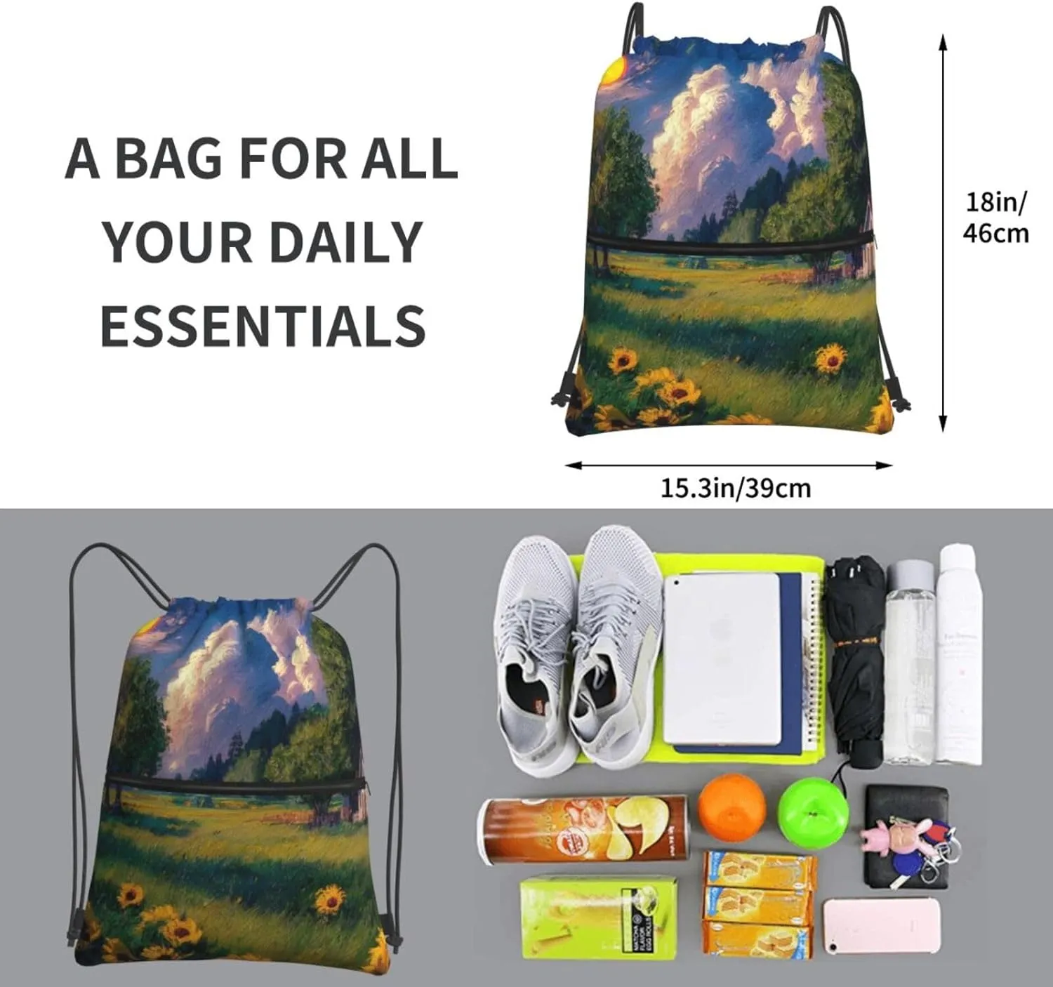 Pastoral Summer Setting Backpack Bag Draw String Sport Bag Beach Travel Sackpack with Zipper Pocket Lightweight, Black