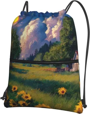 Pastoral Summer Setting Backpack Bag Draw String Sport Bag Beach Travel Sackpack with Zipper Pocket Lightweight, Black