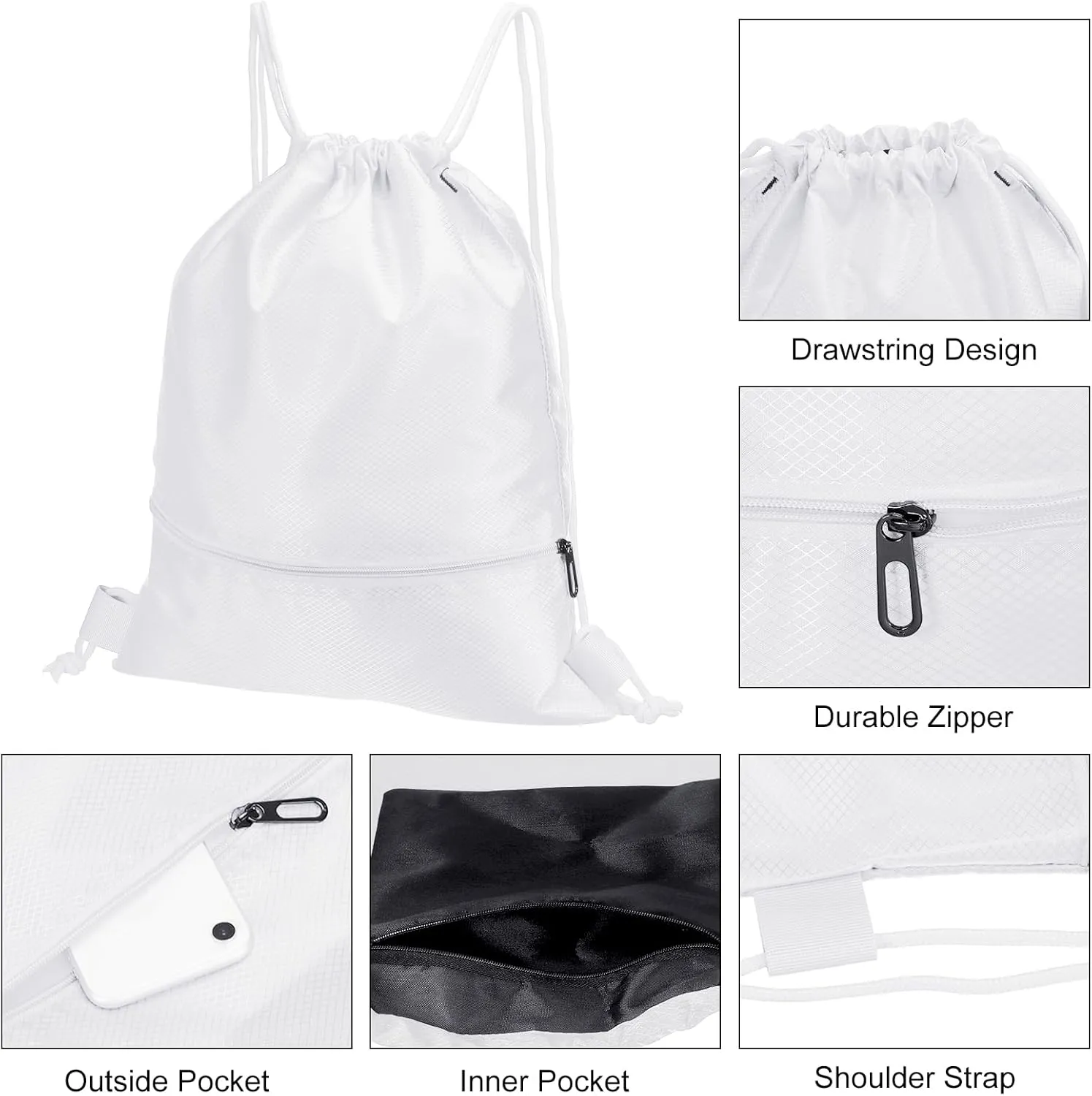 PATIKIL Drawstring Backpack Bag, Drawstring Gym Bags String Backpack with Zip Pocket for Women Men, White