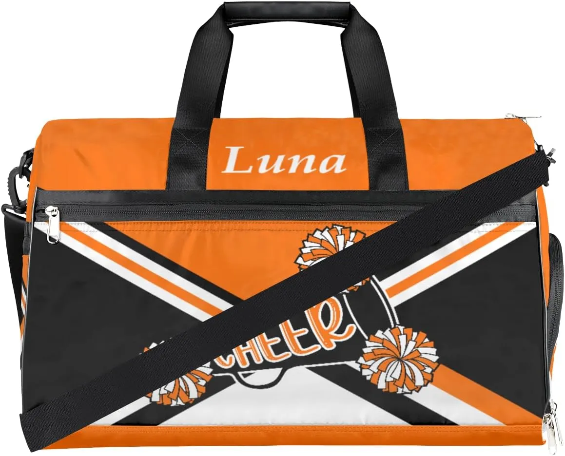 Personalized Cheerleaders Duffel Bag for Girl Women, Custom Name Sport Gym Bag with Shoes Compartment Dance Bag Yoga Overnight Weekender Bag Orange Black White Cheer
