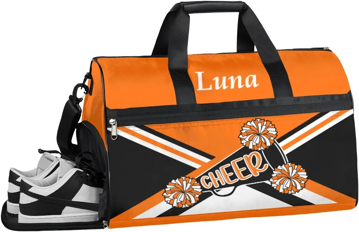Personalized Cheerleaders Duffel Bag for Girl Women, Custom Name Sport Gym Bag with Shoes Compartment Dance Bag Yoga Overnight Weekender Bag Orange Black White Cheer