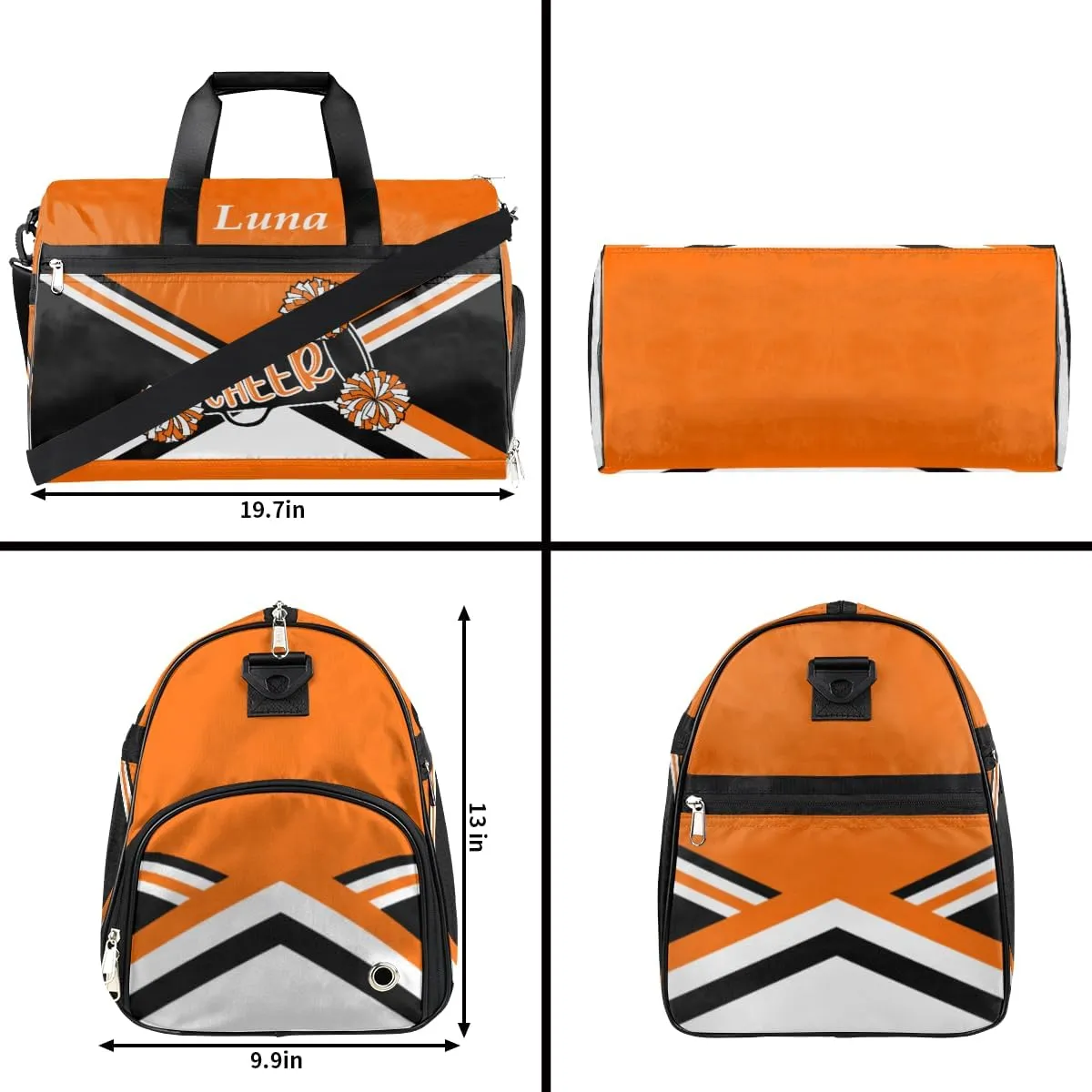 Personalized Cheerleaders Duffel Bag for Girl Women, Custom Name Sport Gym Bag with Shoes Compartment Dance Bag Yoga Overnight Weekender Bag Orange Black White Cheer