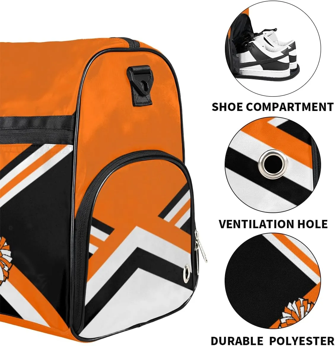 Personalized Cheerleaders Duffel Bag for Girl Women, Custom Name Sport Gym Bag with Shoes Compartment Dance Bag Yoga Overnight Weekender Bag Orange Black White Cheer