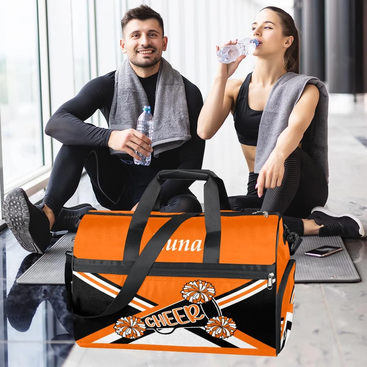 Personalized Cheerleaders Duffel Bag for Girl Women, Custom Name Sport Gym Bag with Shoes Compartment Dance Bag Yoga Overnight Weekender Bag Orange Black White Cheer