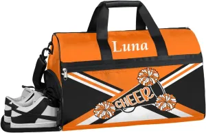 Personalized Cheerleaders Duffel Bag for Girl Women, Custom Name Sport Gym Bag with Shoes Compartment Dance Bag Yoga Overnight Weekender Bag Orange Black White Cheer