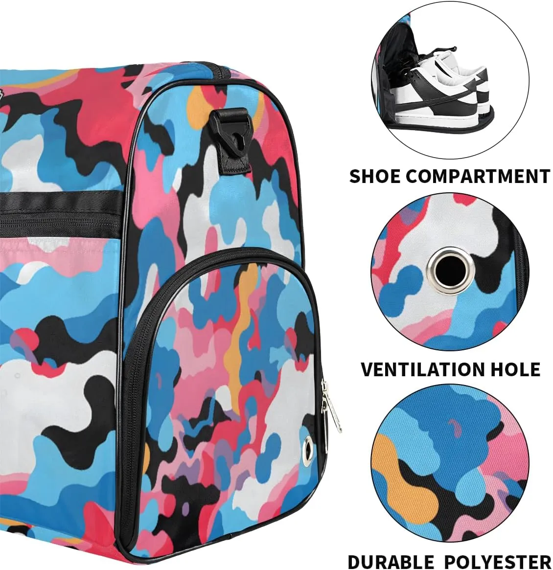 Personalized Military Camo Sport Duffel Bag for Boys Girls Women Men, Custom Name Colorful Camo Gym Duffle Bag with Shoes Compartment Dance Bag Overnight Weekender Bag