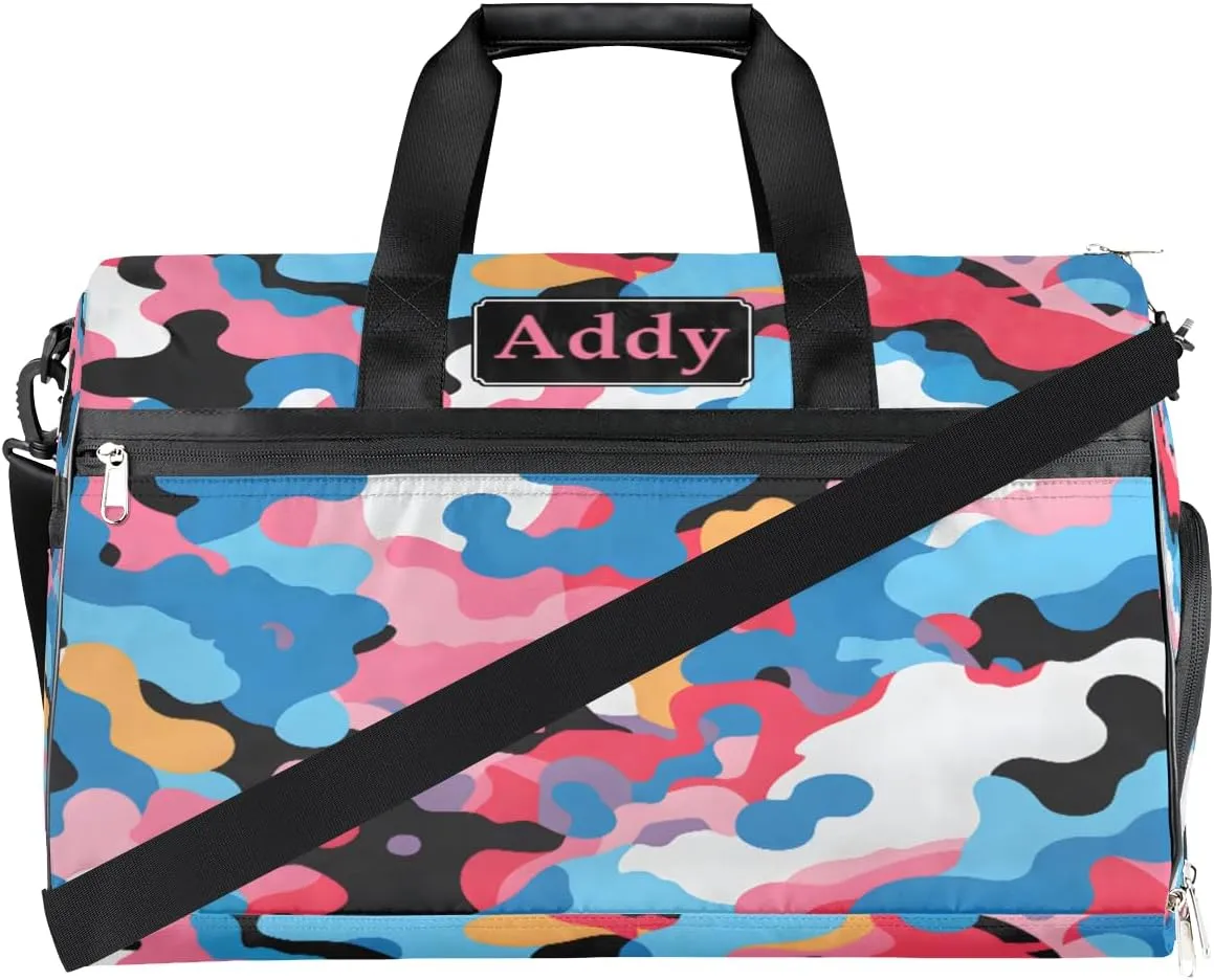 Personalized Military Camo Sport Duffel Bag for Boys Girls Women Men, Custom Name Colorful Camo Gym Duffle Bag with Shoes Compartment Dance Bag Overnight Weekender Bag
