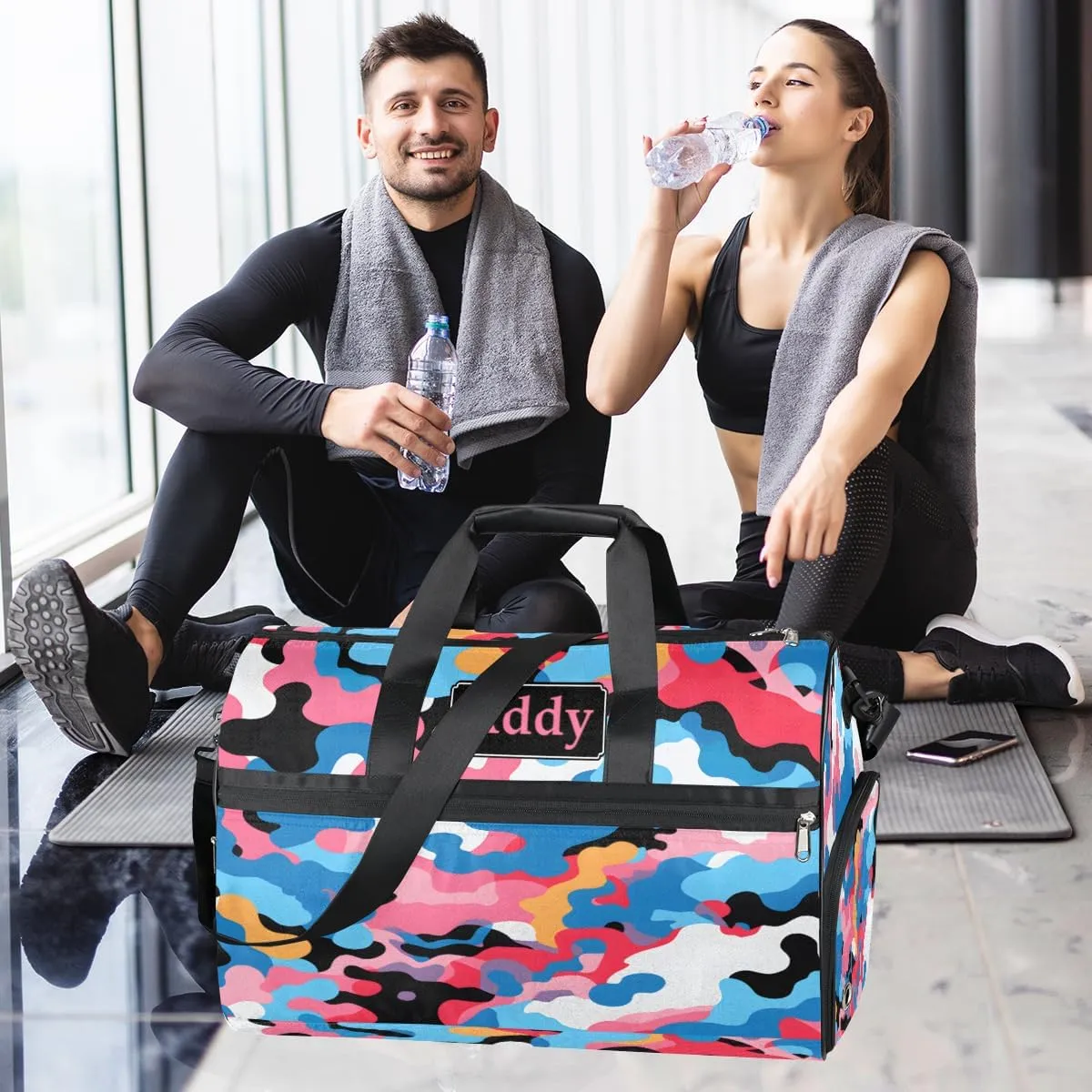 Personalized Military Camo Sport Duffel Bag for Boys Girls Women Men, Custom Name Colorful Camo Gym Duffle Bag with Shoes Compartment Dance Bag Overnight Weekender Bag