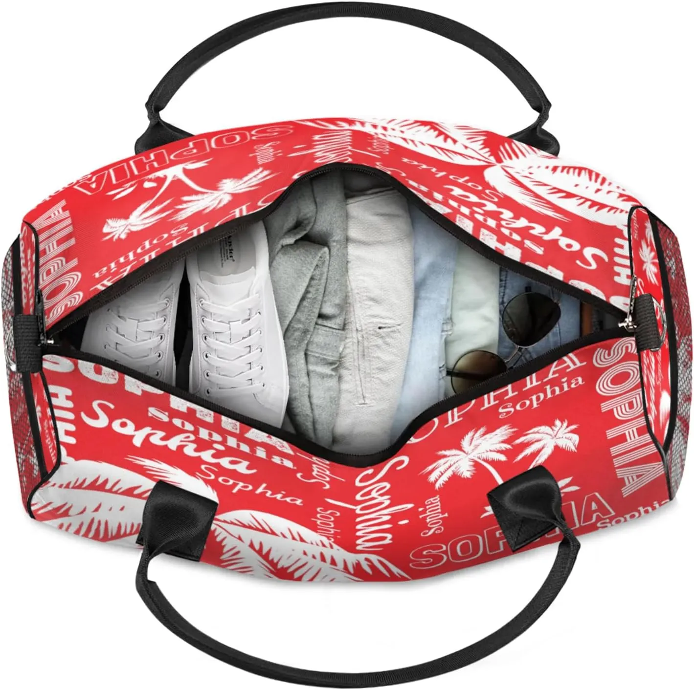 Personalized Sport Duffel Bag with Name, Coconut Tree Custom Weekender Bag Sleepover Bags for Cheer Dance Ballets Gymnastics, Red