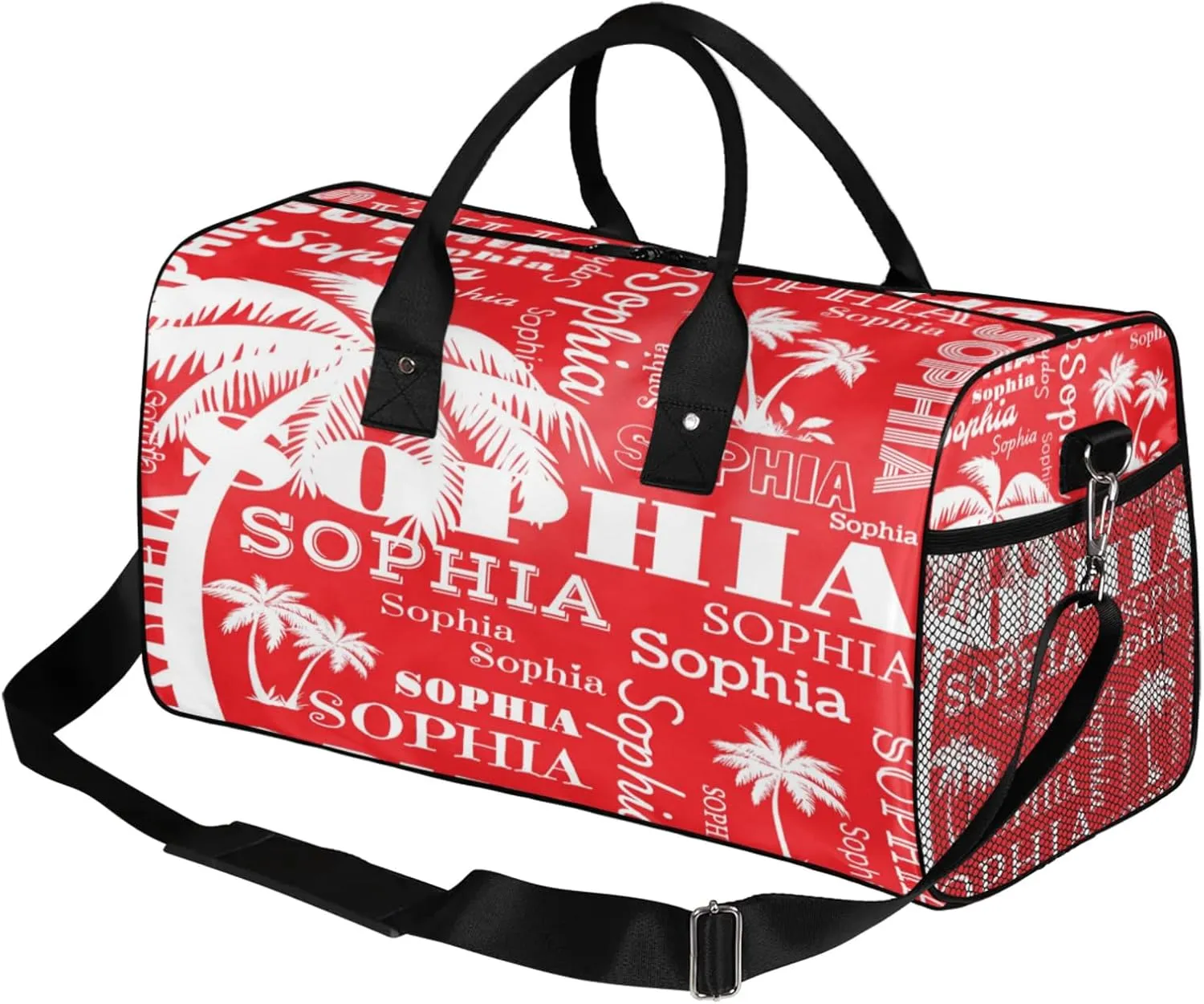 Personalized Sport Duffel Bag with Name, Coconut Tree Custom Weekender Bag Sleepover Bags for Cheer Dance Ballets Gymnastics, Red