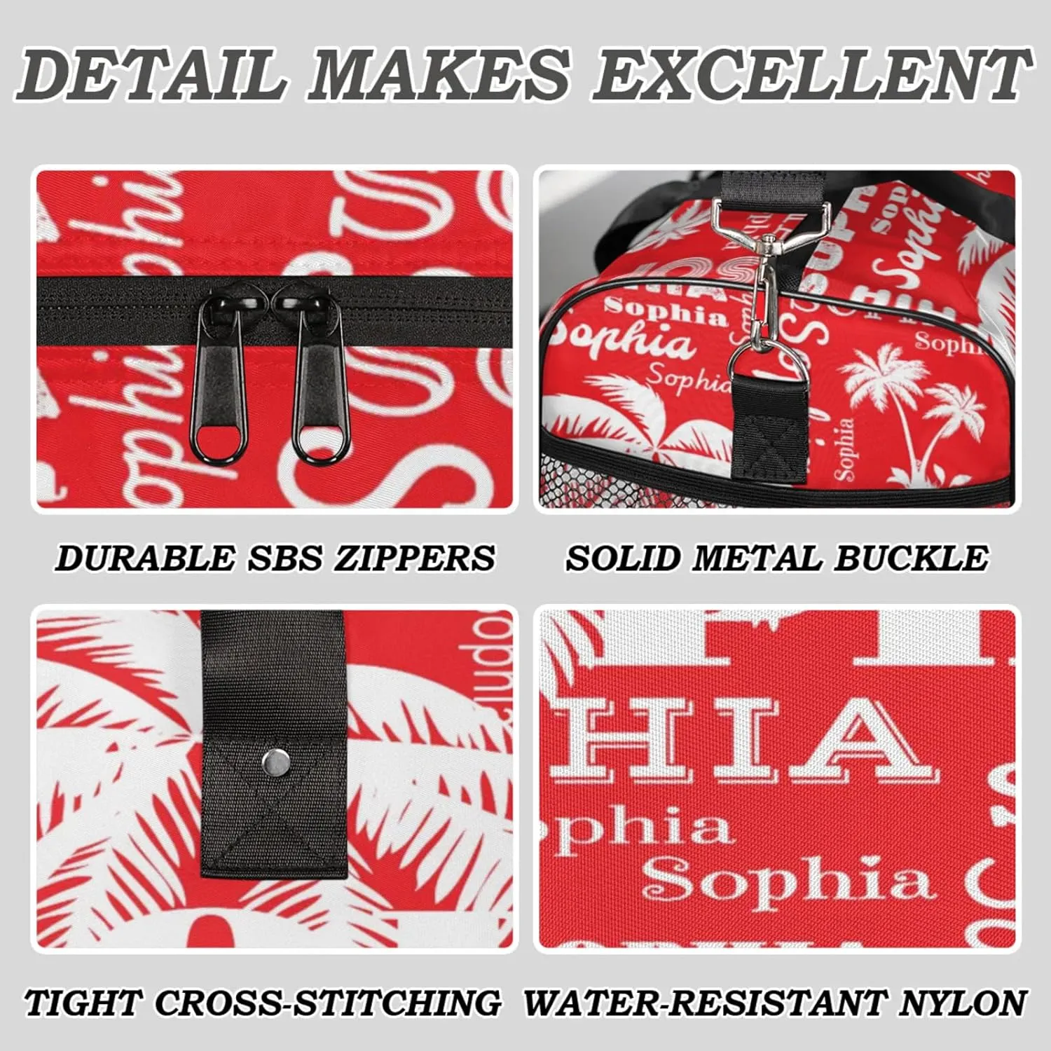 Personalized Sport Duffel Bag with Name, Coconut Tree Custom Weekender Bag Sleepover Bags for Cheer Dance Ballets Gymnastics, Red
