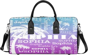 Personalized Sport Duffel Bag with Name, Coconut Tree Design Custom Overnight Bag Sleepover Bags for Dance Cheer Gymnastics, Blue Purple Gradient