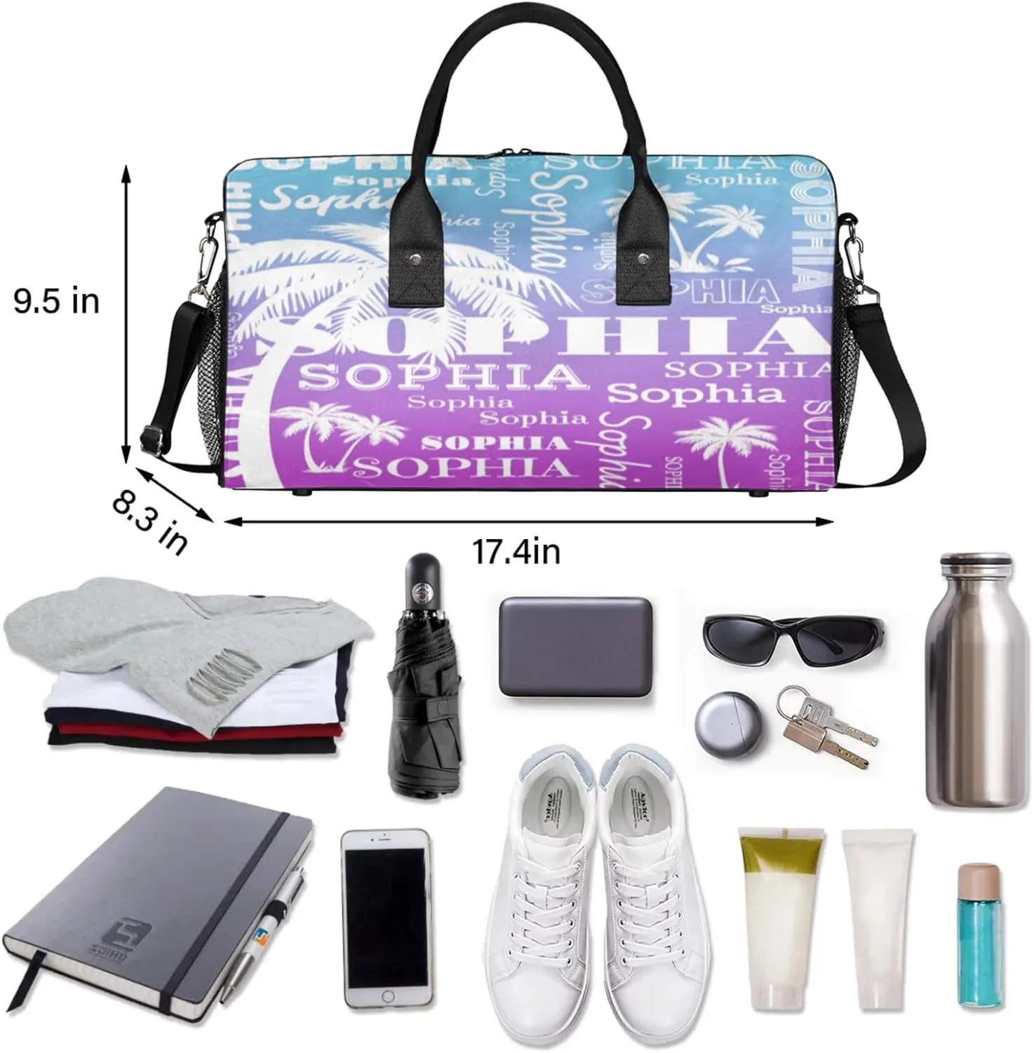 Personalized Sport Duffel Bag with Name, Coconut Tree Design Custom Overnight Bag Sleepover Bags for Dance Cheer Gymnastics, Blue Purple Gradient