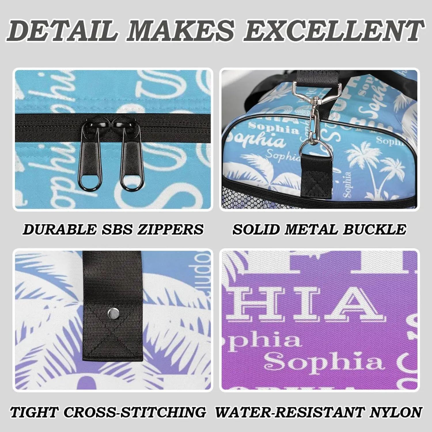 Personalized Sport Duffel Bag with Name, Coconut Tree Design Custom Overnight Bag Sleepover Bags for Dance Cheer Gymnastics, Blue Purple Gradient