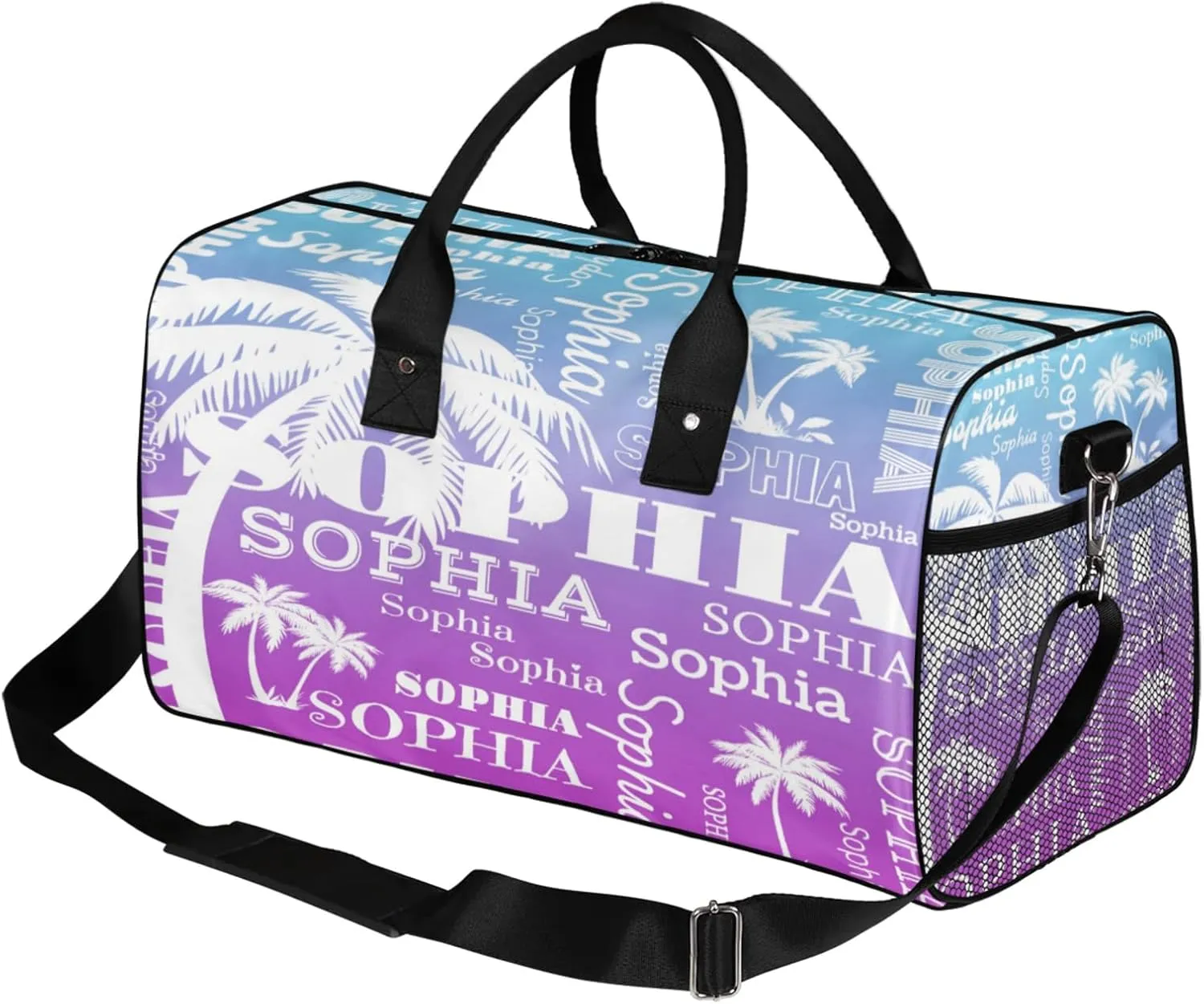 Personalized Sport Duffel Bag with Name, Coconut Tree Design Custom Overnight Bag Sleepover Bags for Dance Cheer Gymnastics, Blue Purple Gradient