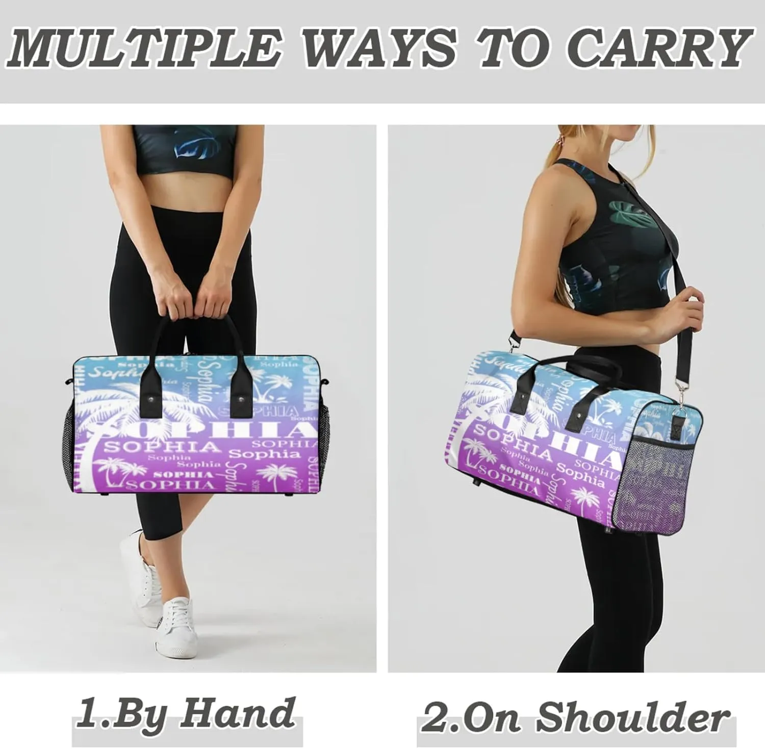 Personalized Sport Duffel Bag with Name, Coconut Tree Design Custom Overnight Bag Sleepover Bags for Dance Cheer Gymnastics, Blue Purple Gradient