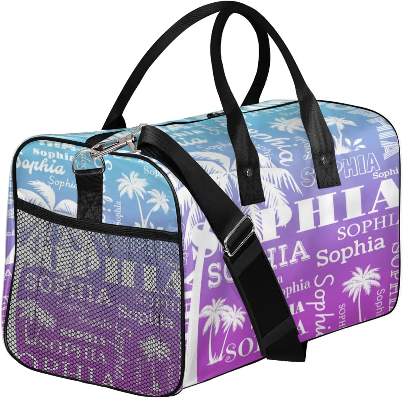 Personalized Sport Duffel Bag with Name, Coconut Tree Design Custom Overnight Bag Sleepover Bags for Dance Cheer Gymnastics, Blue Purple Gradient