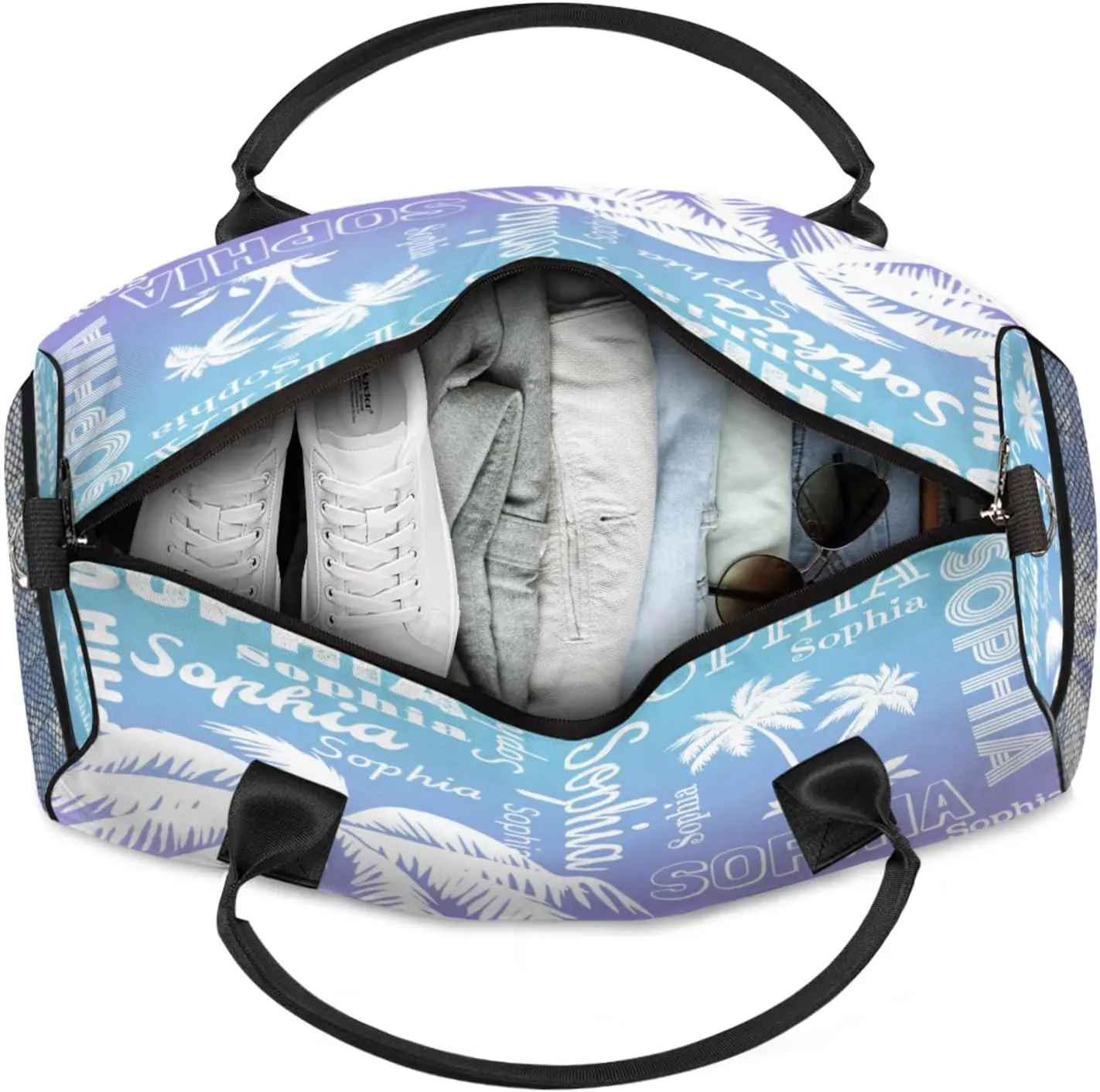Personalized Sport Duffel Bag with Name, Coconut Tree Design Custom Overnight Bag Sleepover Bags for Dance Cheer Gymnastics, Blue Purple Gradient